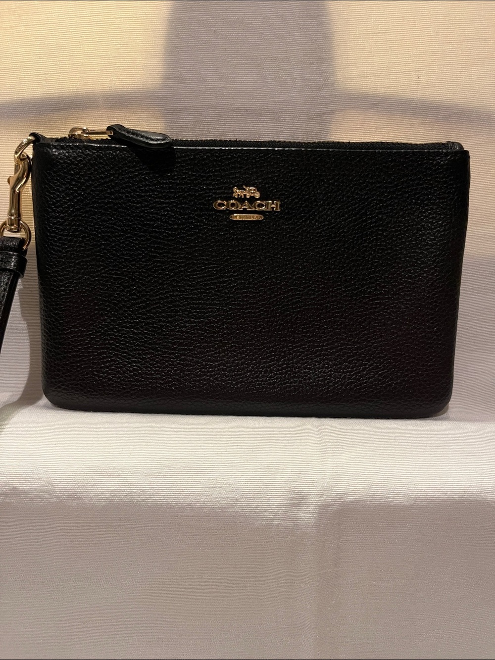 Coach Black Pebbled Leather Large Wristlet with Gold Hardware